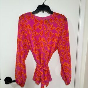Scoop NYC Orange and Pink Puff Sleeve Tie Front Blouse